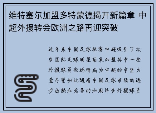 维特塞尔加盟多特蒙德揭开新篇章 中超外援转会欧洲之路再迎突破 维特塞尔加盟多特蒙德揭开新篇章 中超外援转会欧洲之路再迎突破